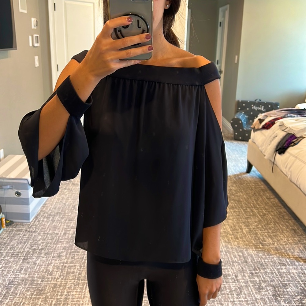 Bailey 44 Navy Chiffon Off The Shoulder Top